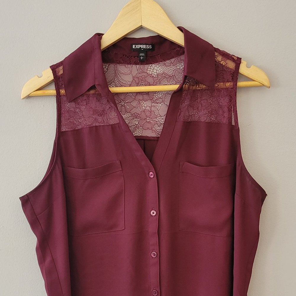 Express Button Maroon Lace Sleeveless Blouse Sz L